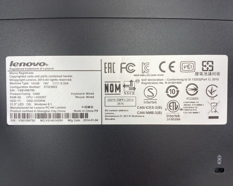 Lenovo C460 AIO-FOAD 21.5" Intel Pentium G3220T 2.60GHz 4GB No HDD No OS No AC