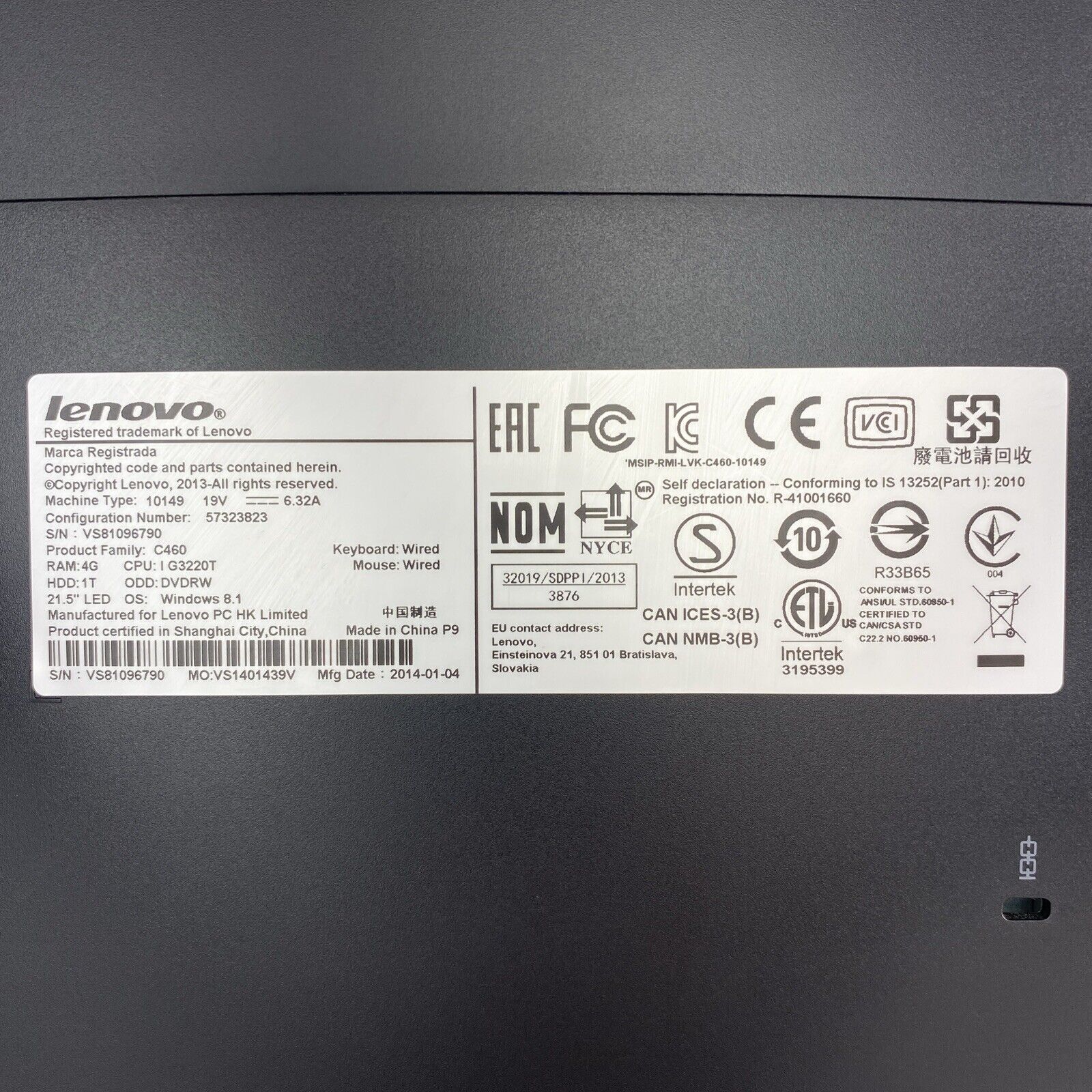 Lenovo C460 AIO-FOAD 21.5" Intel Pentium G3220T 2.60GHz 4GB No HDD No OS No AC