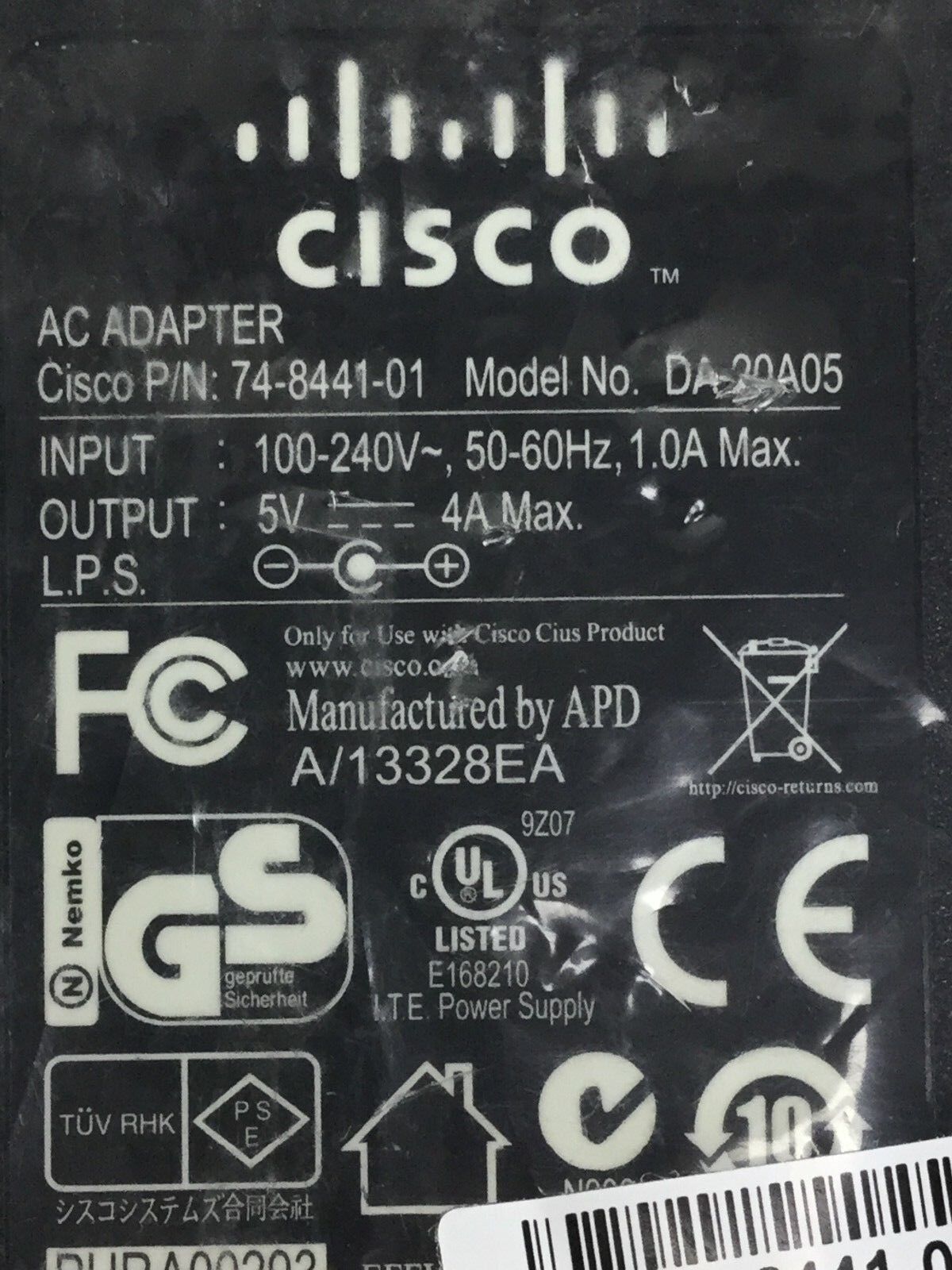 Genuine Cisco DA-02A05 74-8441-01 5V 4A AC Power Adapter & Power Cord (Lot of 2)