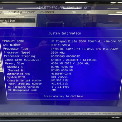 HP Compaq Elite 8300 AIO 23" Touch i5-3470 3.20GHz 4GB RAM DVDRW Stand No HDD OS