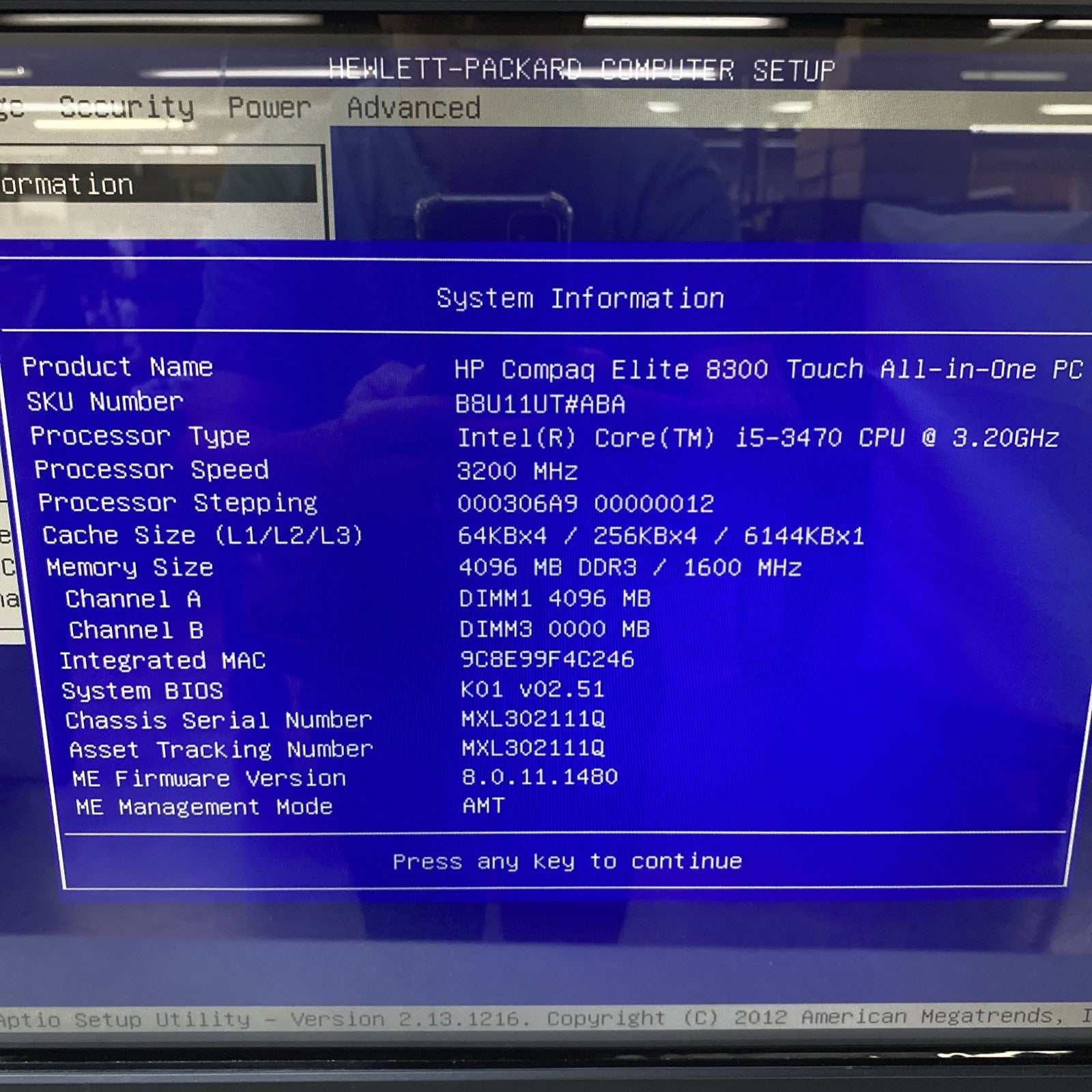 HP Compaq Elite 8300 AIO 23" Touch i5-3470 3.20GHz 4GB RAM DVDRW Stand No HDD OS