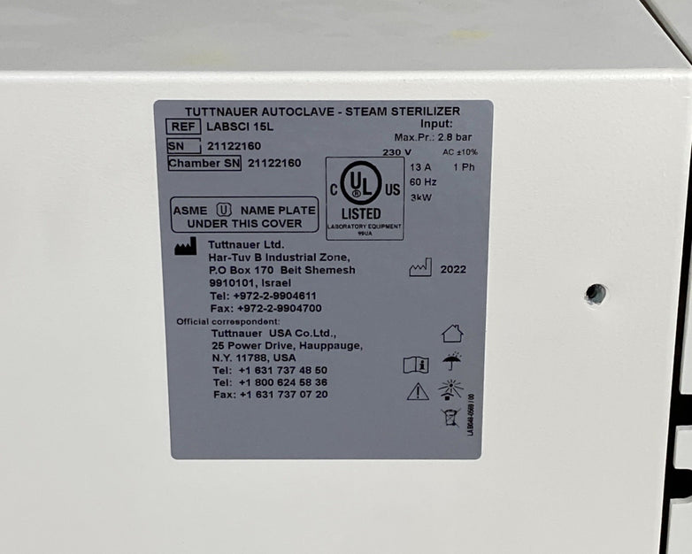 Tuttnauer LABSCI 15L Benchtop Autoclave Steam Sterilizer