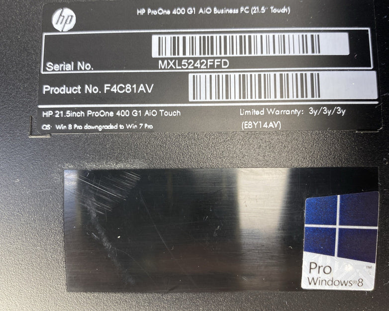 HP ProOne 400 G1 AIO 21.5" Touch Core i5-4590T 2.0GHz 1x8GB RAM No AC No HDD OS