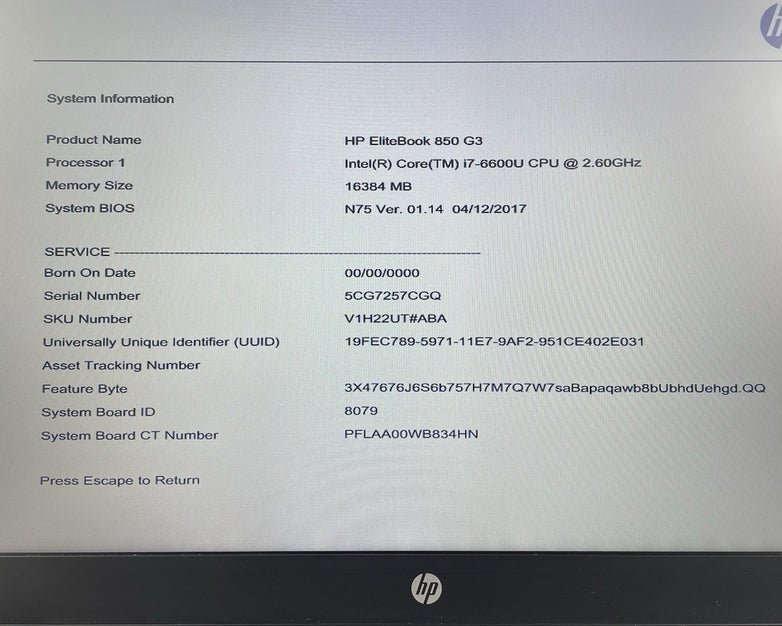 HP EliteBook 850 G3 15.6" i7-6600U 2.60 GHz 16 GB RAM No SSD/OS/AC - Bad Bottom