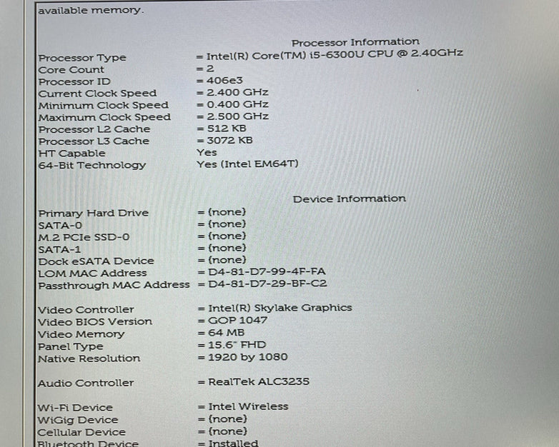 Dell Latitude E5570 15.6" i5-6300U 2.40 GHz 8 GB RAM No SSD/OS/AC - USB