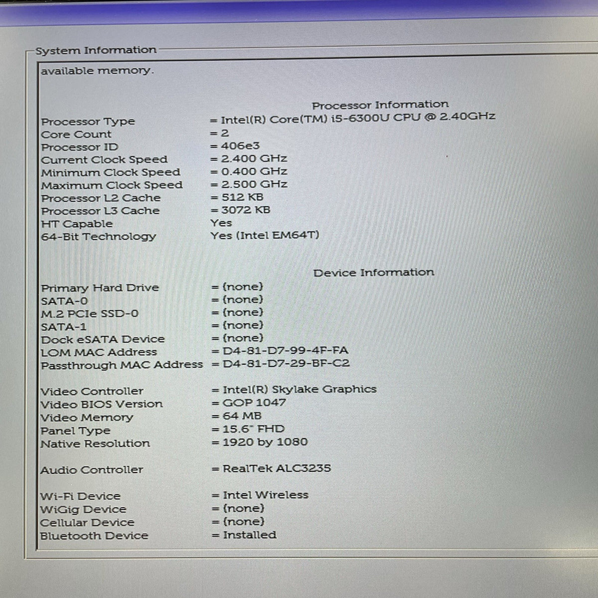 Dell Latitude E5570 15.6" i5-6300U 2.40 GHz 8 GB RAM No SSD/OS/AC - USB6