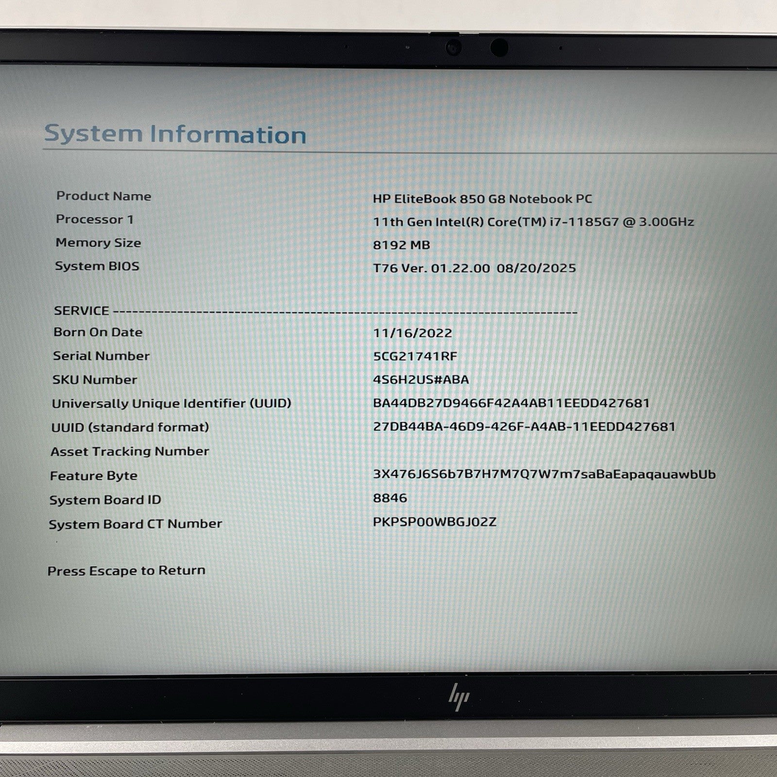 HP EliteBook 850 G8 15.6" i7-1185G7 3.00 GHz 8 GB RAM No SSD/OS/AC/Batt2