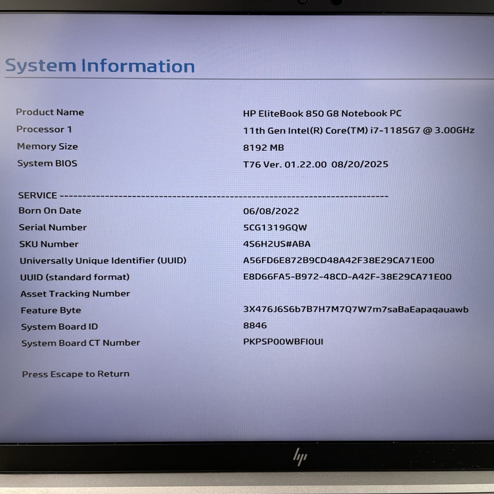 HP EliteBook 850 G8 15.6" i7-1185G7 3.00 GHz 8 GB RAM No SSD/OS/AC2