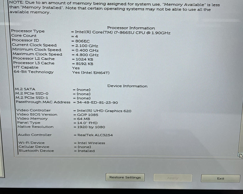 Dell Latitude 7400 2in1 14" i7-8665U 1.90 GHz 16 GB RAM No SSD/OS/AC/Batt