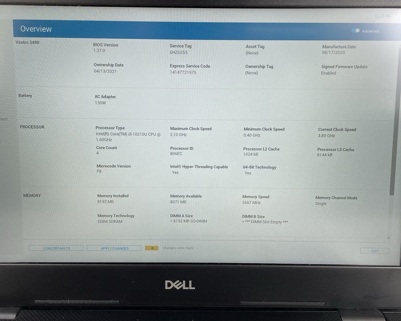 Dell Vostro 3490 14" i5-10210U 1.60 GHz 8 GB RAM No SSD No OS - Bad Edge