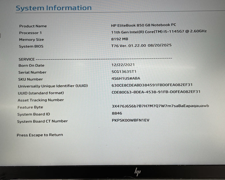 HP EliteBook 850 G8 15.6" i5-1145G7 2.60 GHz 8 GB RAM No SSD/OS/AC - READ