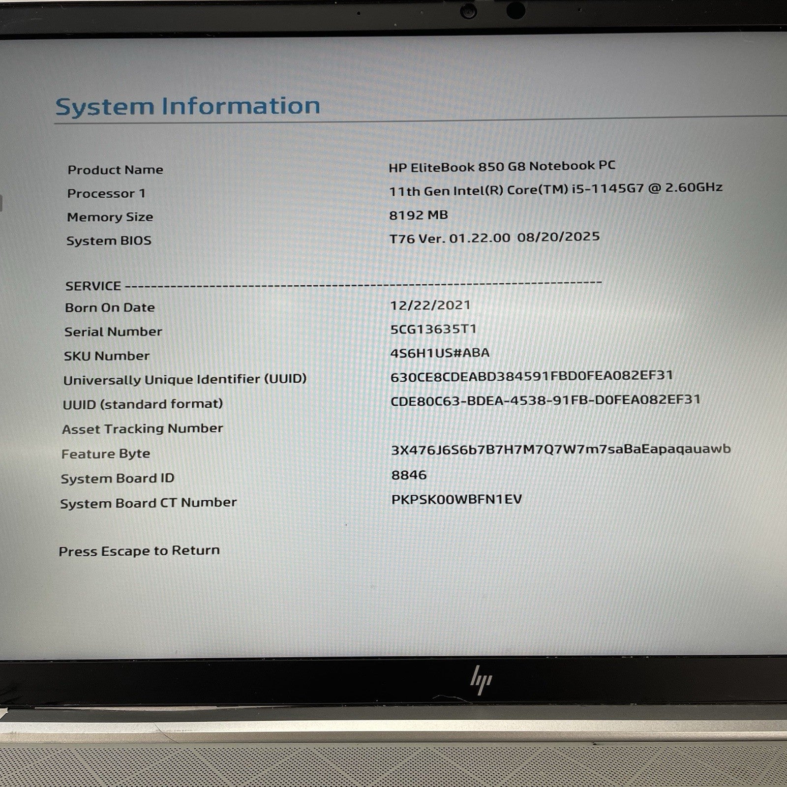 HP EliteBook 850 G8 15.6" i5-1145G7 2.60 GHz 8 GB RAM No SSD/OS/AC - READ2