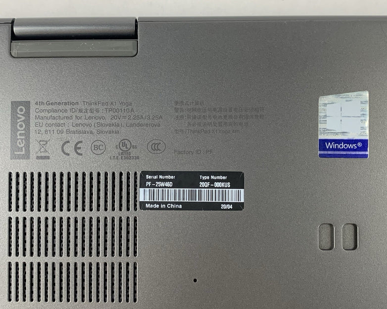 Lenovo ThinkPad X1 Yoga Gen 4 14" Touch i7-8665U 1.90 GHz 16 GB No OS/SSD/AC