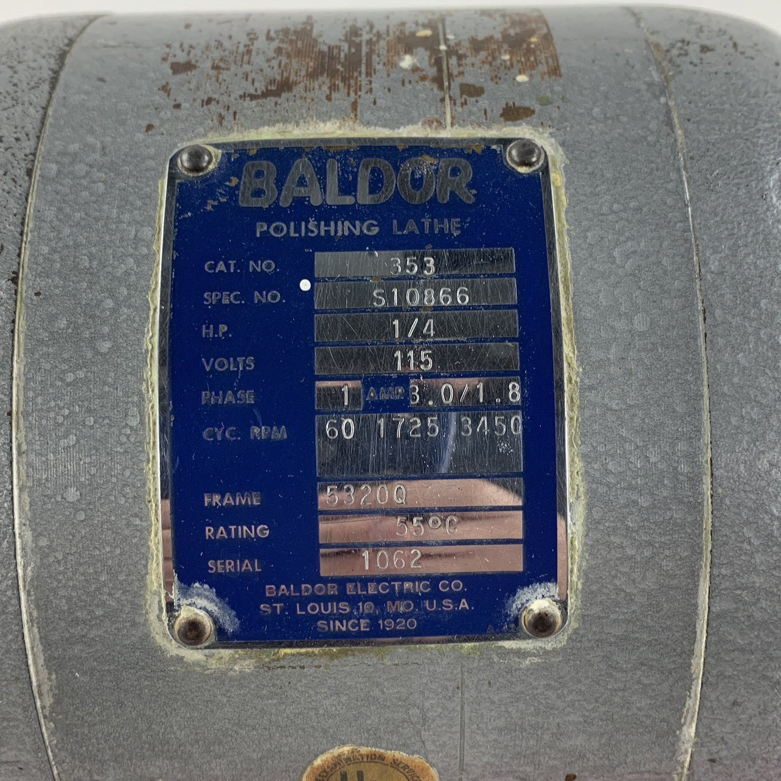Baldor 353 S10866 Dental Polishing Lathe 2 Speed 1/4 HP 3450/1725 rpm Powers