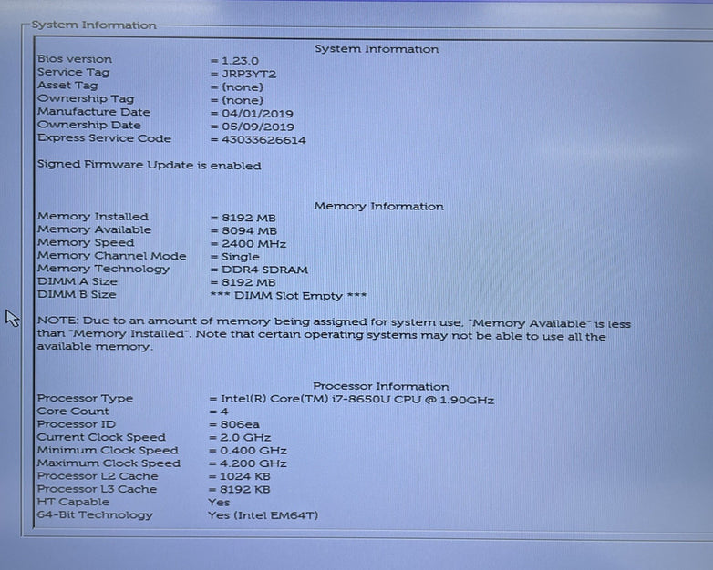 Dell Latitude 7490 14" i7-8650U 1.90 GHz 8 GB RAM No SSD/OS/AC/Battery