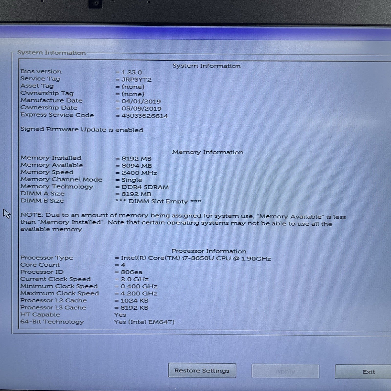 Dell Latitude 7490 14" i7-8650U 1.90 GHz 8 GB RAM No SSD/OS/AC/Battery2