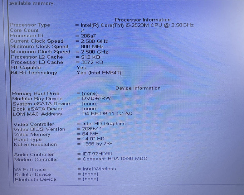 Dell Latitude E6420 14" i5-2520M 2.50 GHz 4 GB RAM No SSD/OS/AC/Battery