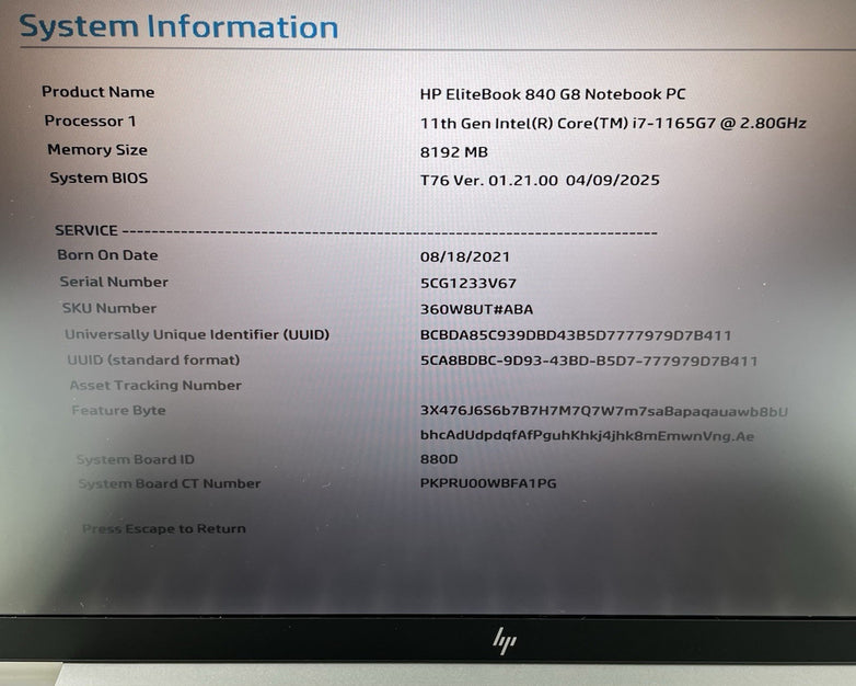 HP EliteBook 840 G8 14" i7-1165G7 2.80 GHz 8 GB RAM No SSD/OS/AC