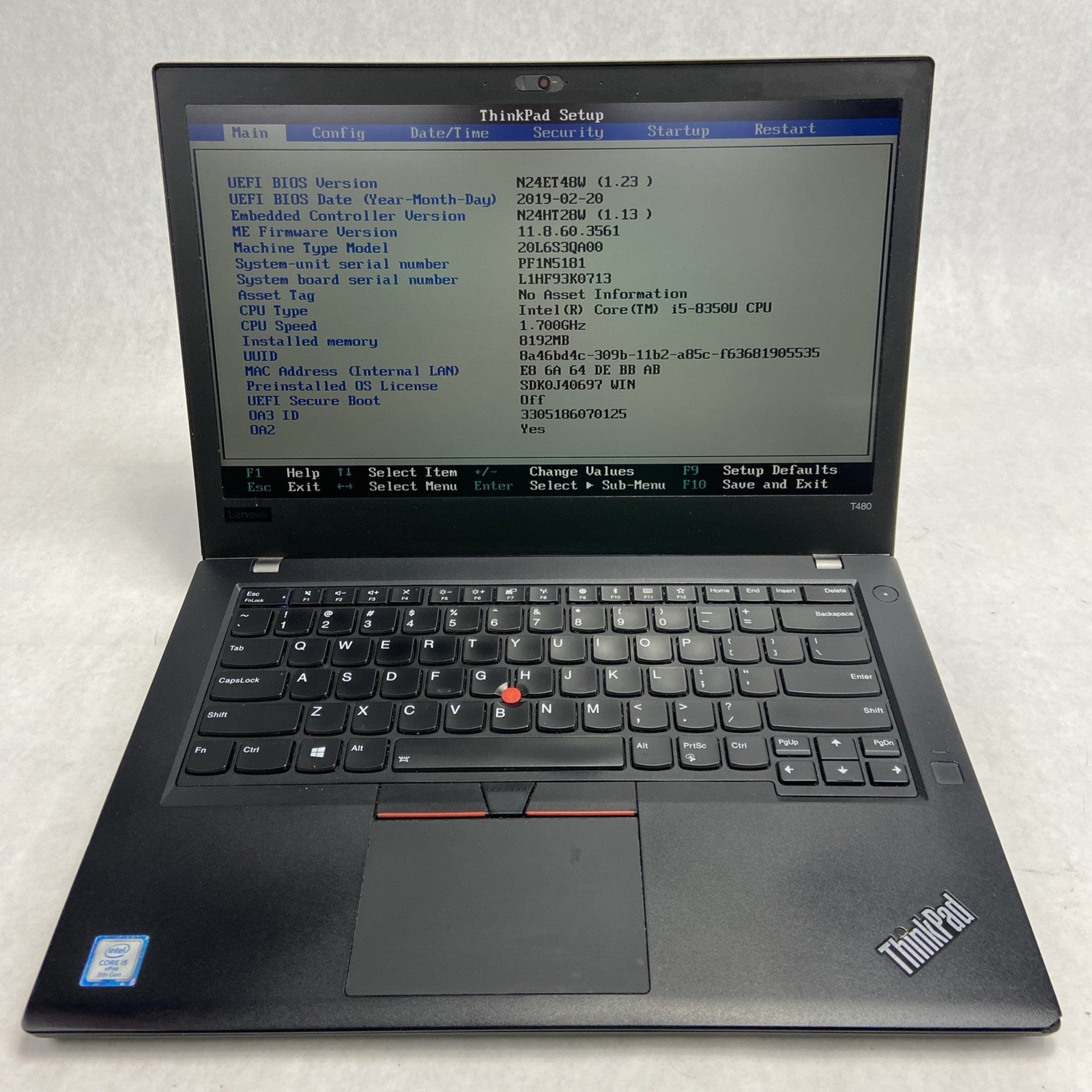 Lenovo ThinkPad T480 Intel Core i5 8350U 1.70GHz 8GB RAM 14" No HDD/OS/Battery