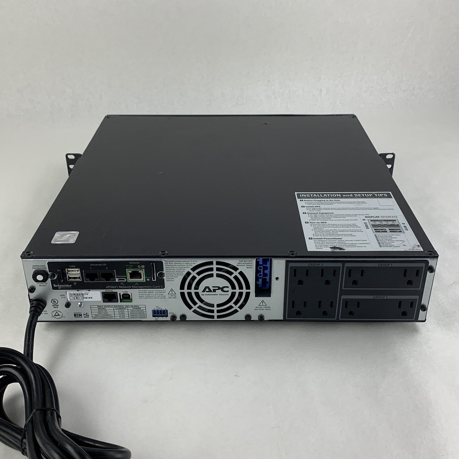 APC SMX1500RM2UNC Smart-UPS Backup 1500VA 1000W 120V w/ AP9641 No Batt No Caddy