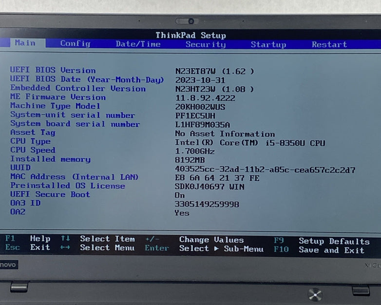 Lenovo ThinkPad X1 Carbon 6th Gen i5-8350U 1.70 GHz 8 GB RAM 14.0" No HDD No OS