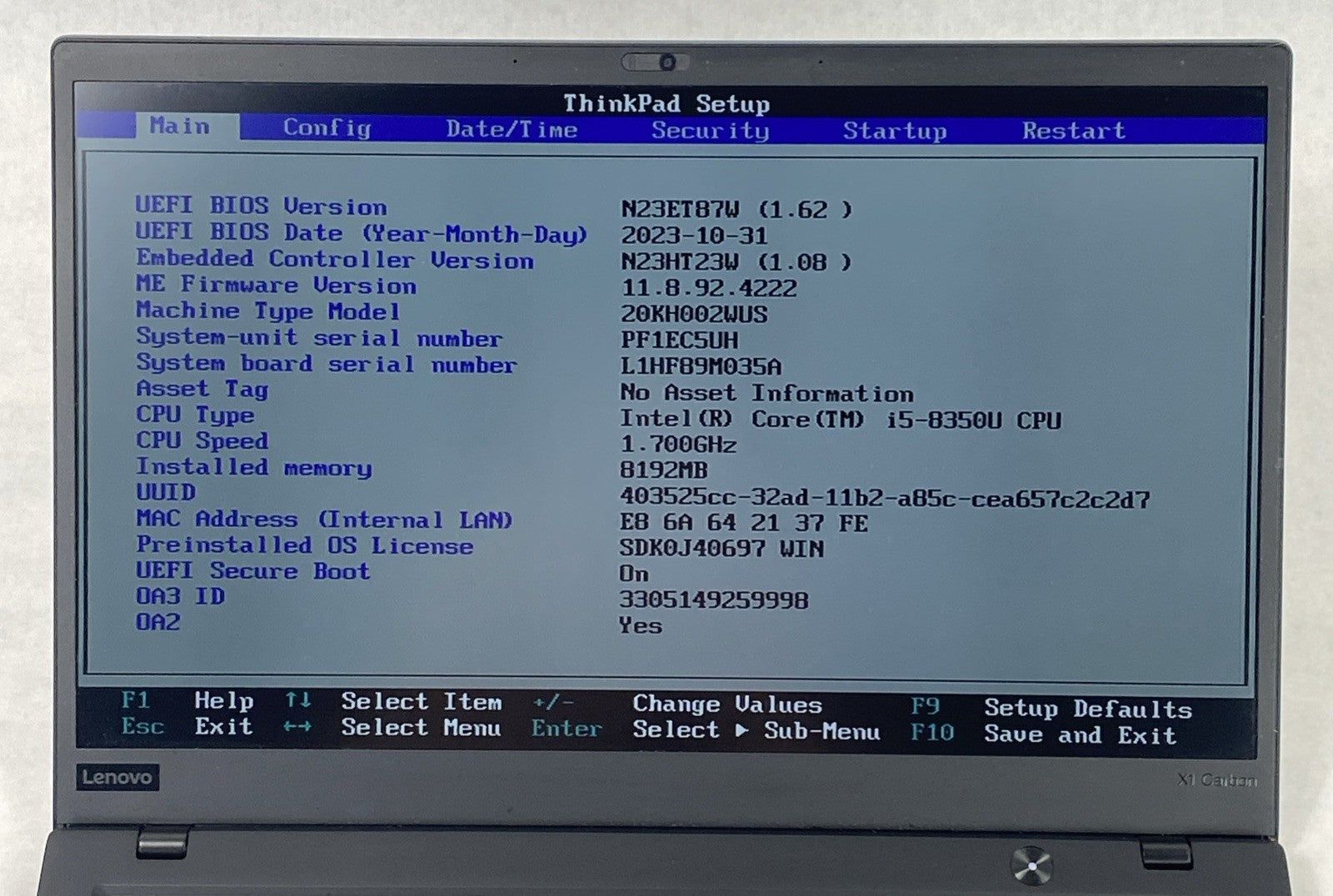 Lenovo ThinkPad X1 Carbon 6th Gen i5-8350U 1.70 GHz 8 GB RAM 14.0" No HDD No OS