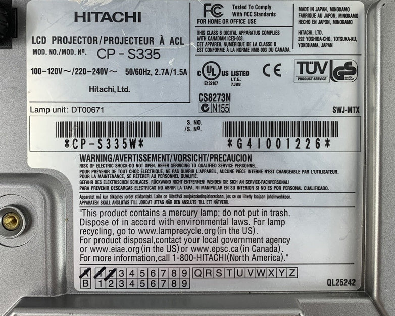 Hitachi CP-S335 LCD Projector 1288 Lamp Hours - No Remote or Filter Cover