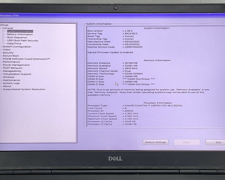 Dell Precision 7750 17.3" Core i7-10850H 2.30 GHz 32GB RAM RTX 4000 No SSD No OS