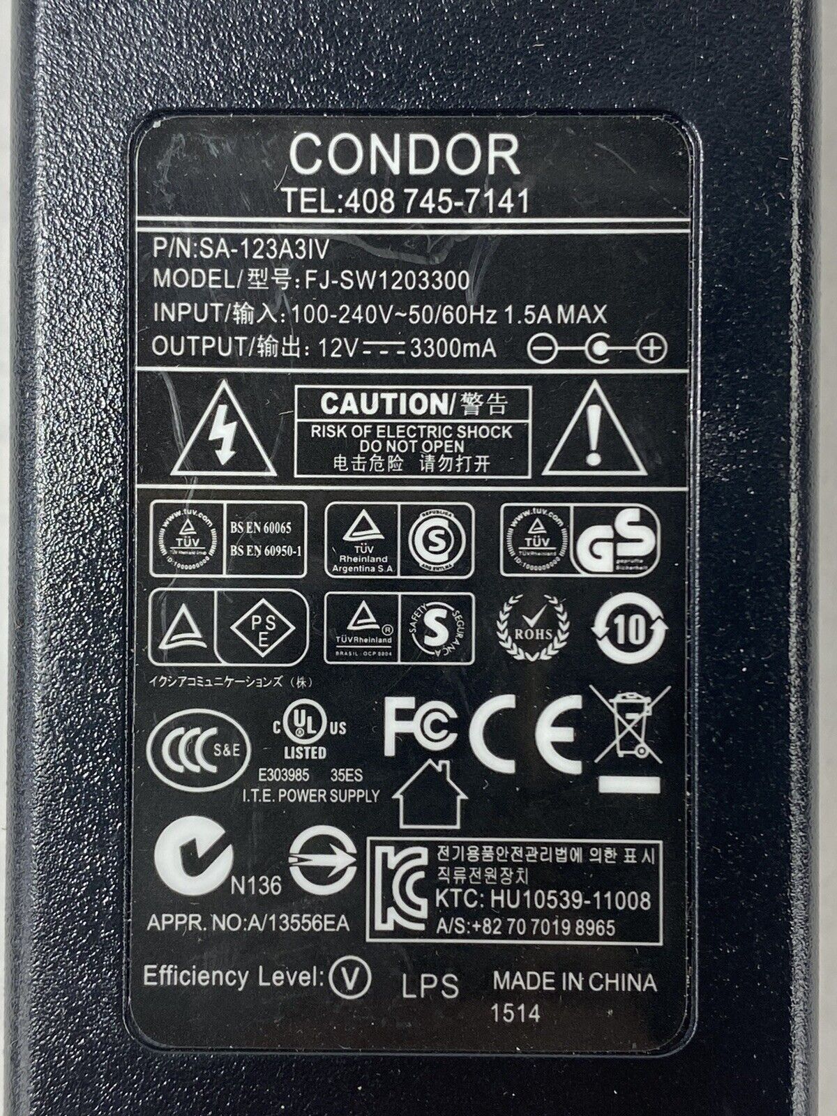Lot of 4 Condor FJ-SW1203300 SA-123A3IV 12V 3.30A Power Adapter