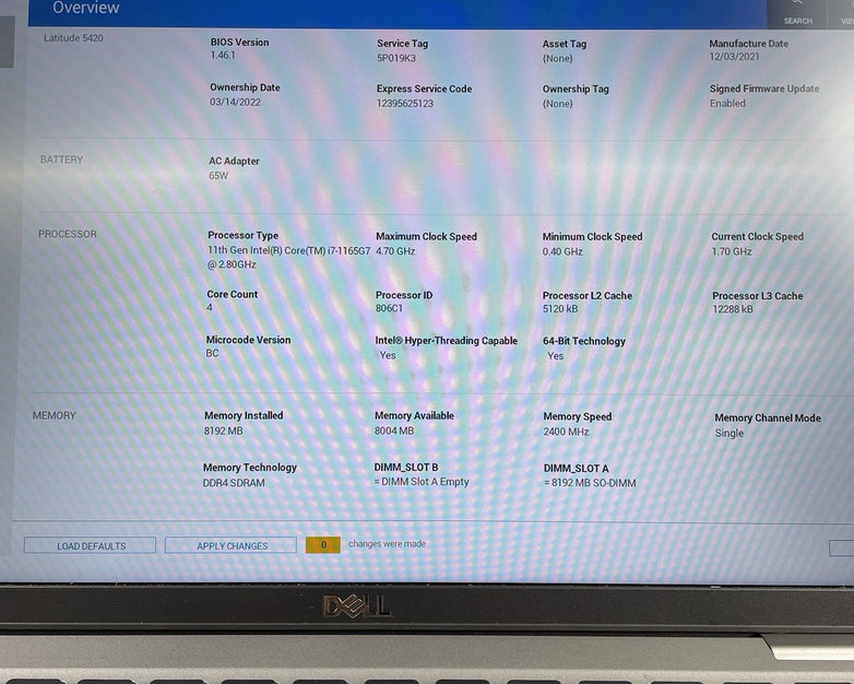 Dell Latitude 5420 14" i7-1165G7 2.80 GHz 8 GB RAM No SSD/OS/AC/Batt - Scratched