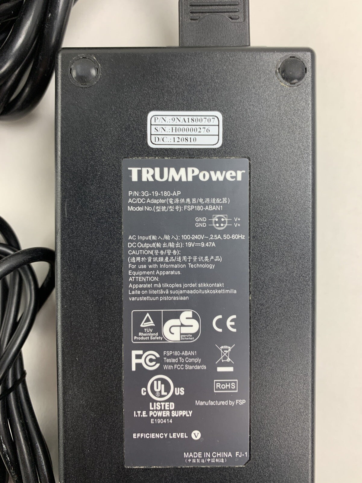 TRUMPower 3G-19-180-AP 19V DC Out 100-240V Input Power Supply AC Adapter
