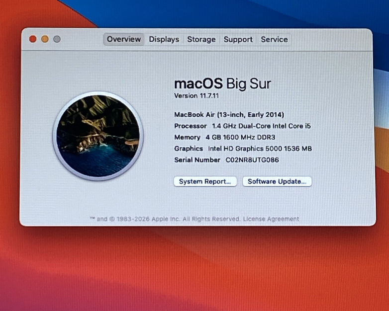 Apple MacBook Air A1466 2014 13" i5 4GB RAM 250GB SSD os11.7.11 -Service Battery