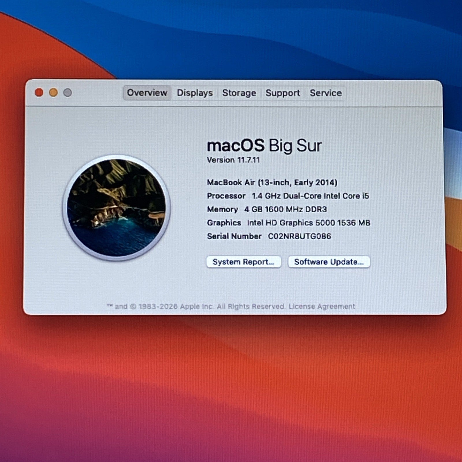 Apple MacBook Air A1466 2014 13" i5 4GB RAM 250GB SSD os11.7.11 -Service Battery1