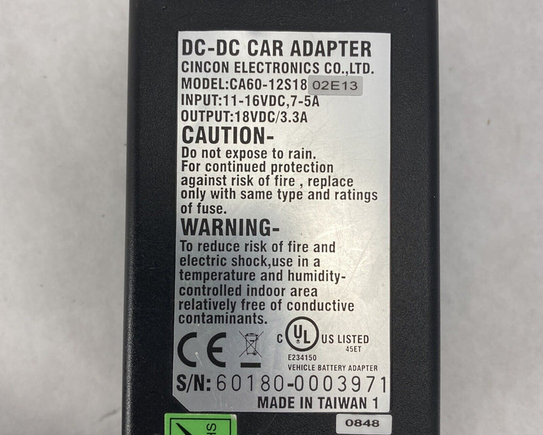 Cincon CA60-12S18A-02E13 Automotive 16VDC Adapter to 2.4mm Barrell 18VDC 3.3A