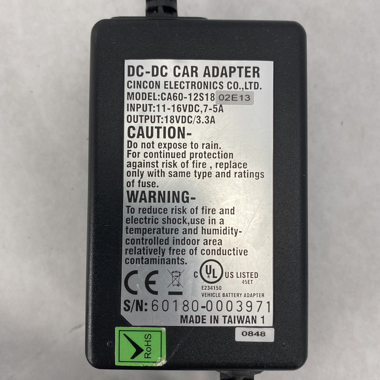 Cincon CA60-12S18A-02E13 Automotive 16VDC Adapter to 2.4mm Barrell 18VDC 3.3A