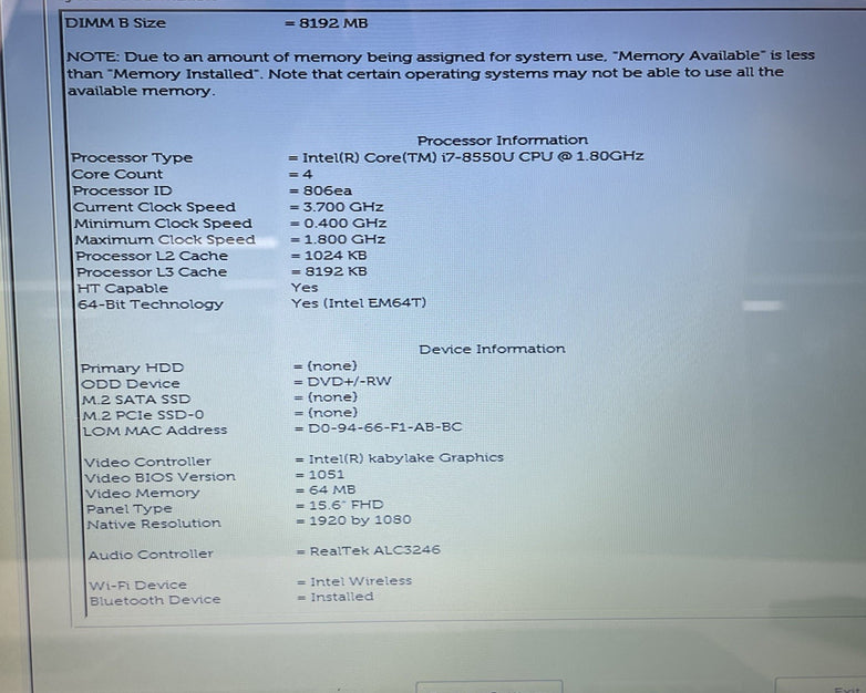 Dell Inspiron 5570 15.6" i7-8550U 1.80 GHz 12 GB RAM No SSD/OS/AC