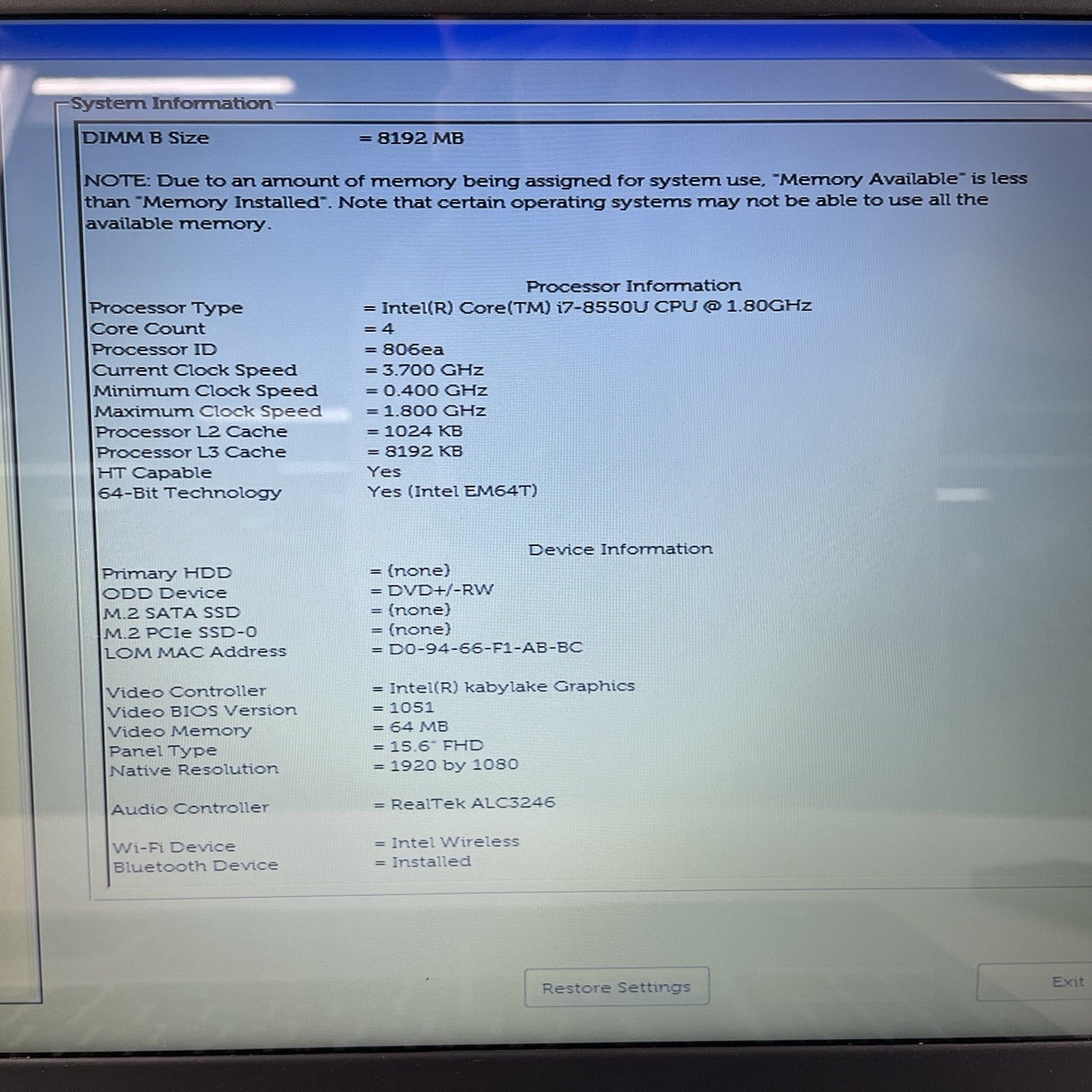 Dell Inspiron 5570 15.6" i7-8550U 1.80 GHz 12 GB RAM No SSD/OS/AC2
