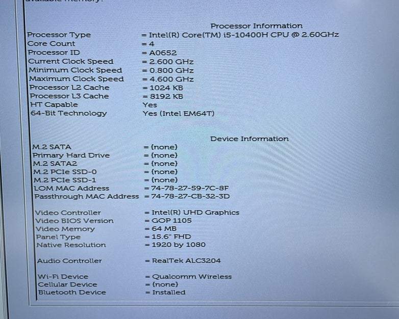 Dell Precision 3551 15.6" i5-10400H 2.60 GHz 16 GB RAM No SSD/OS/AC