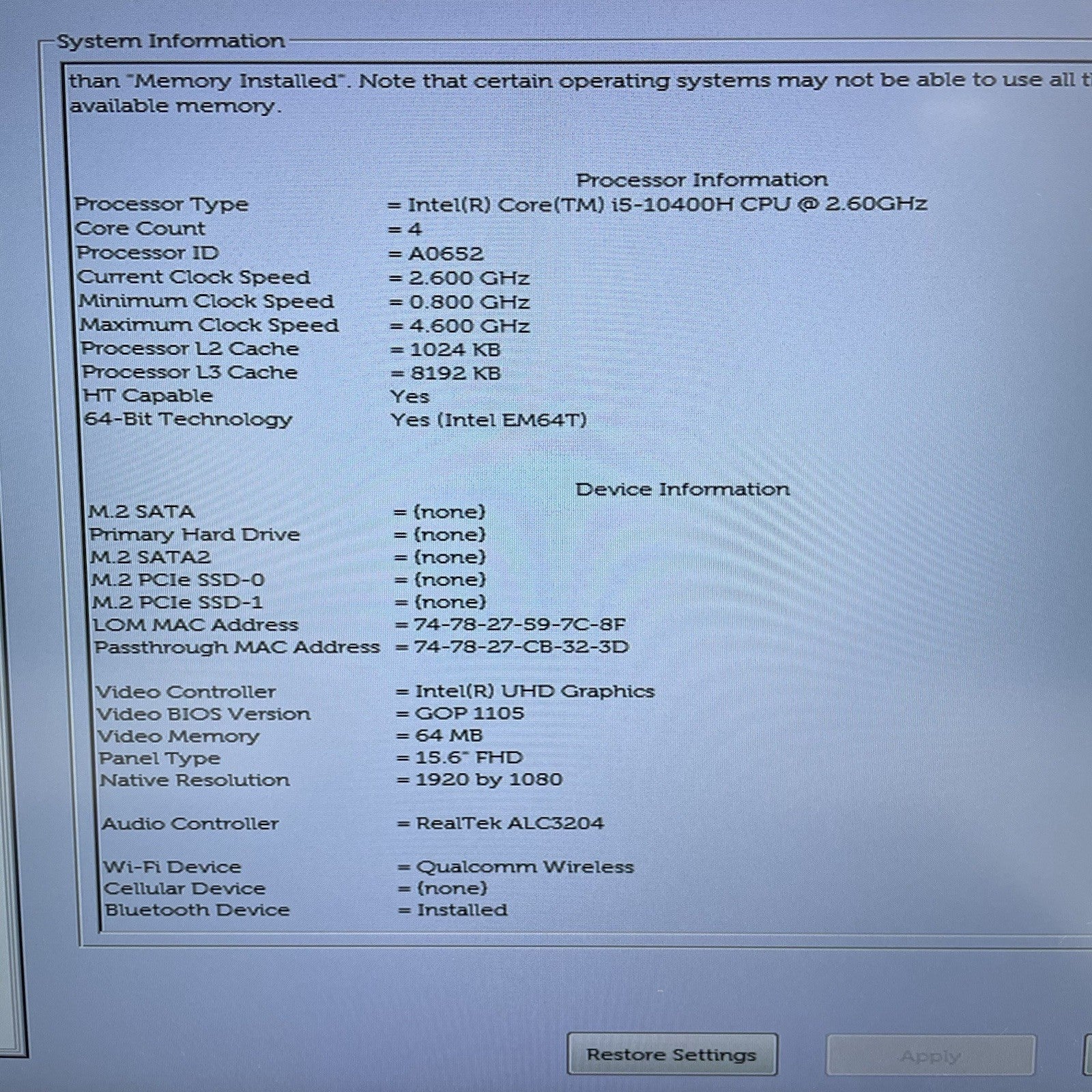 Dell Precision 3551 15.6" i5-10400H 2.60 GHz 16 GB RAM No SSD/OS/AC3