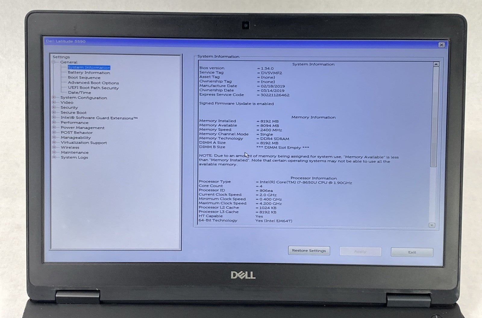 Dell Latitude 5590 Core i7-8650U 1.90 GHz 8GB RAM 15.6" No HDD No OS