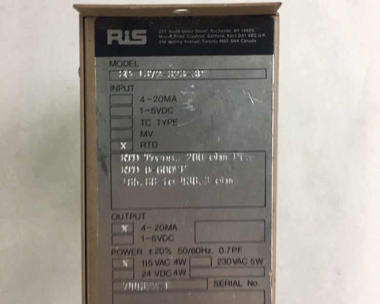 Ris SC-1372-323-3P Isolated Rtd Transmitter 4-20MA 115 VAC 4W 200 Ohm Untested