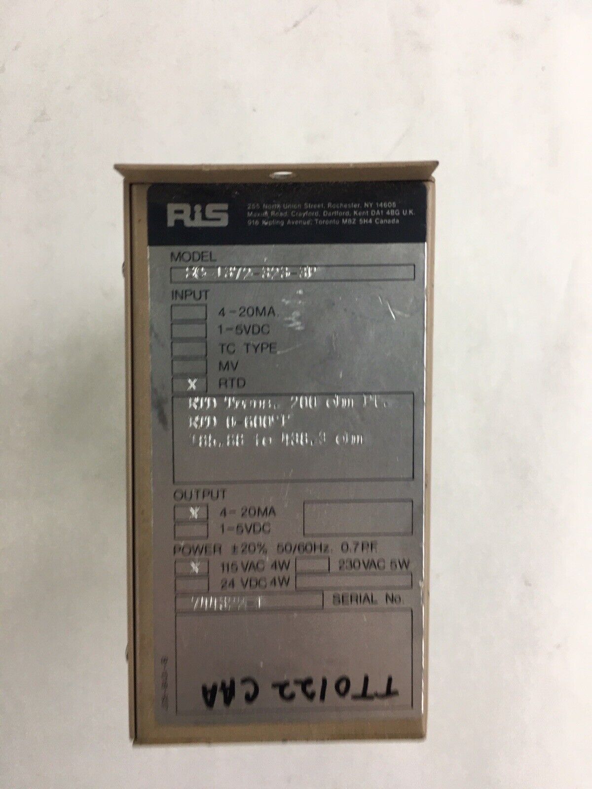 Ris SC-1372-323-3P Isolated Rtd Transmitter 4-20MA 115 VAC 4W 200 Ohm Untested
