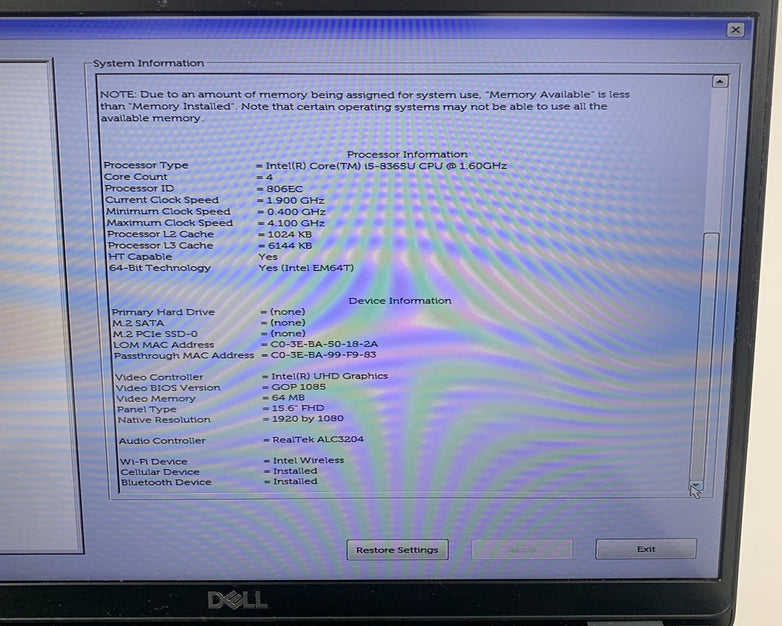 Dell Latitude 5500 15.6" Laptop i5-8365U 1.6 GHz 8 GB RAM No OS/SSD/AC