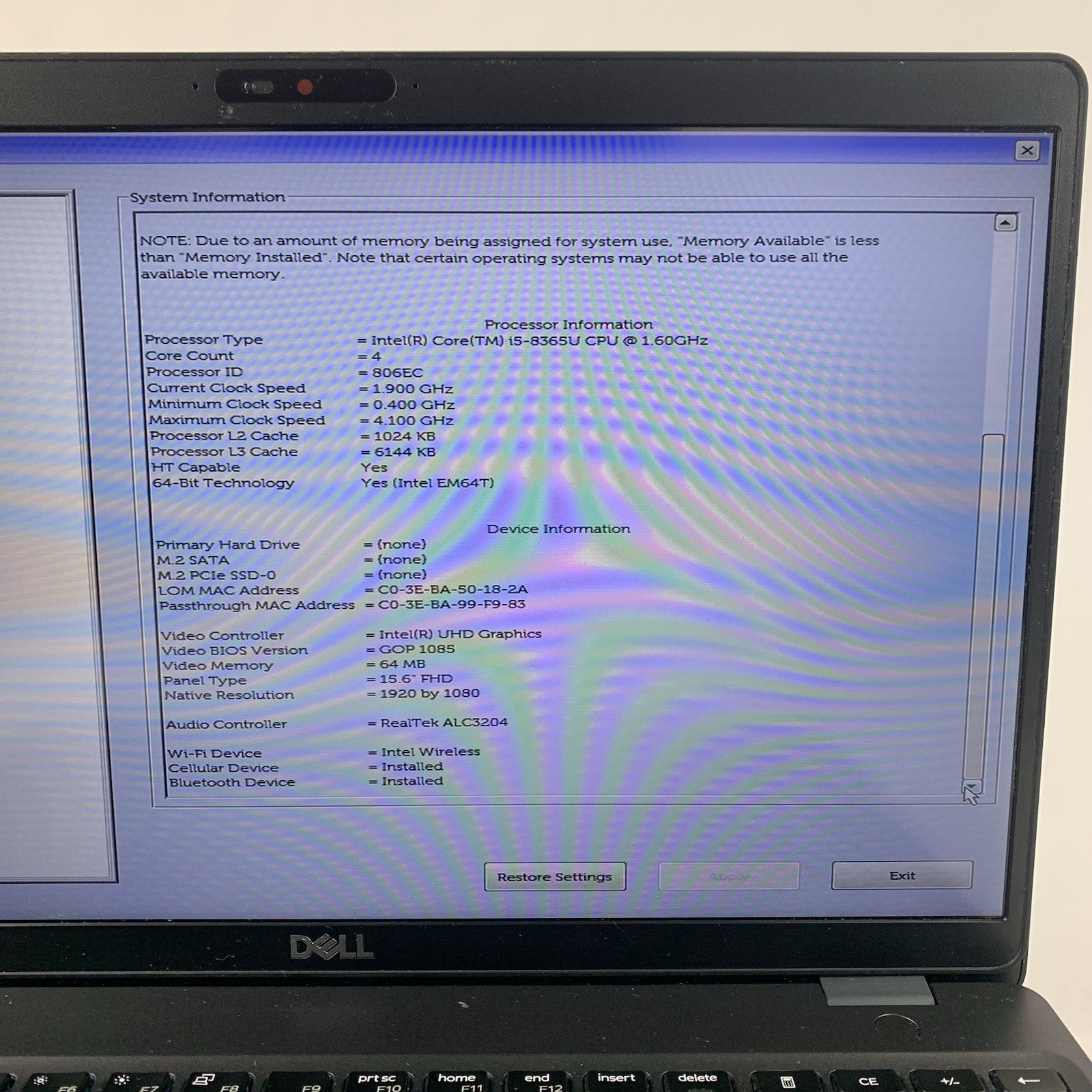 Dell Latitude 5500 15.6" Laptop i5-8365U 1.6 GHz 8 GB RAM No OS/SSD/AC3