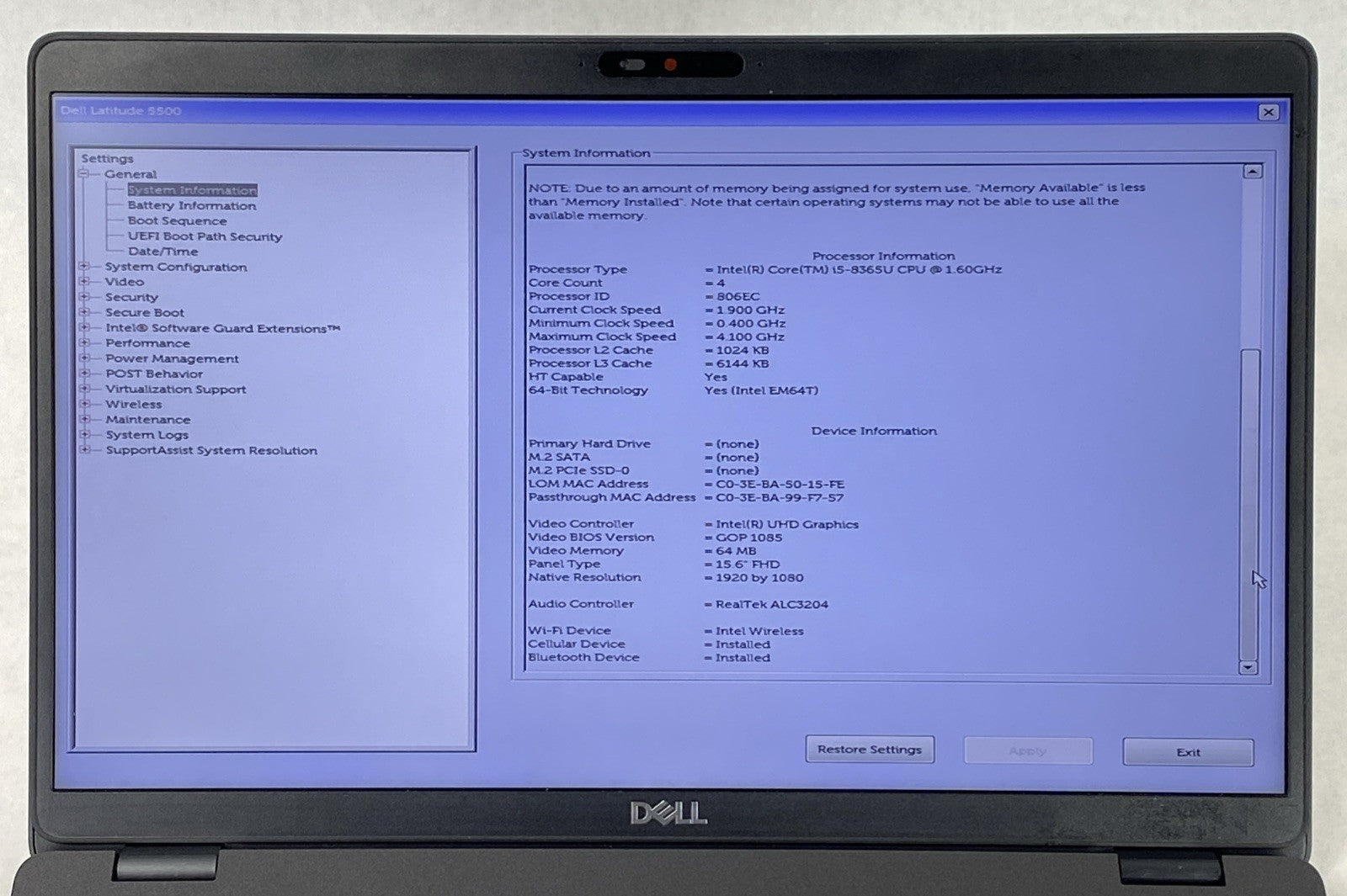 Dell Latitude 5500 Intel Core i5-8365U 1.60GHz 8GB RAM 15.6" No HDD No OS