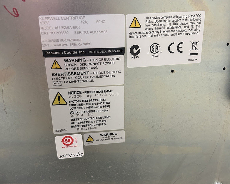 Beckman Allegra 6KR Refrigerated Centrifuge w/ Bucket Rotor - Parts or Repair
