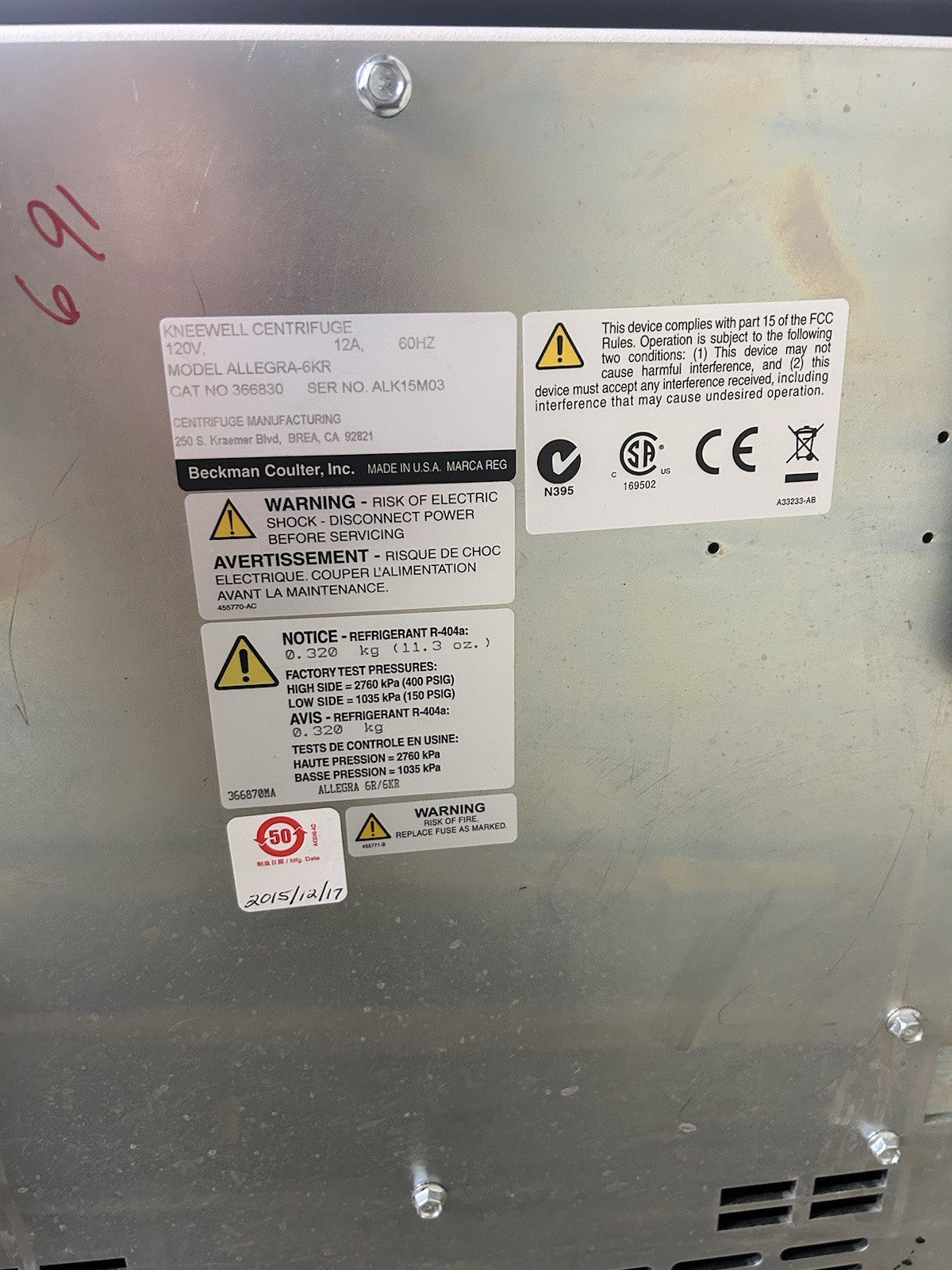 Beckman Allegra 6KR Refrigerated Centrifuge w/ Bucket Rotor - Parts or Repair