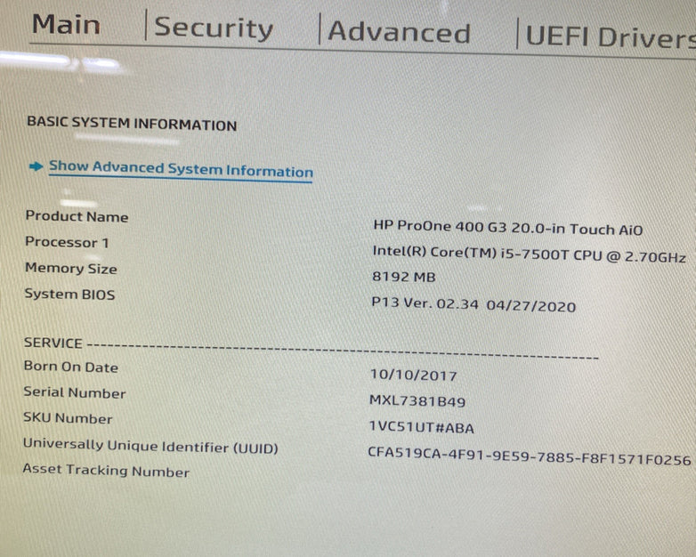 HP ProOne 400 G3 AIO 20" Touch Quad Core i5-7500T 2.70GHz 8GB Ram No AC HDD OS