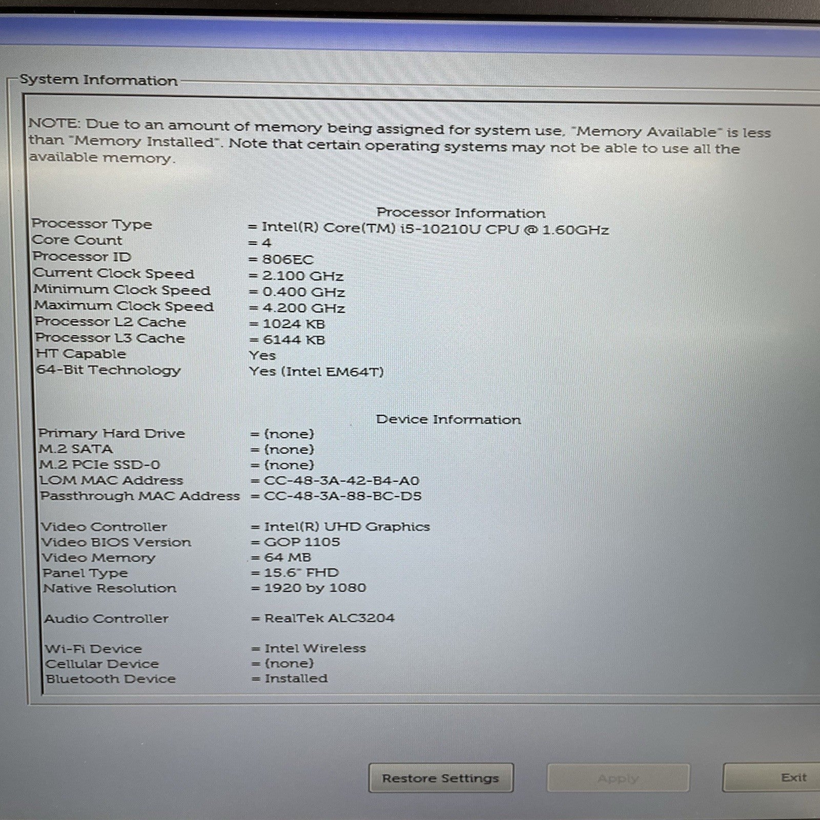 Dell Latitude 5510 15.6" i5-10210U 1.6GHz 8GB RAM No SSD/OS/AC/Batt - Bad Bottom3