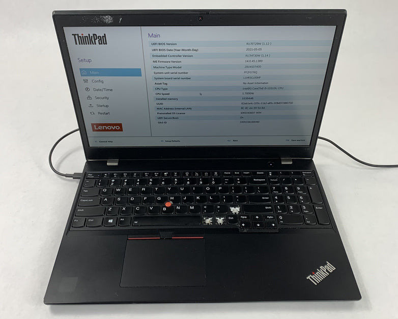 Lenovo ThinkPad L15 Gen 1 15.6" i5-10310U 1.70 GHz 16 GB Ram No OS No HDD No AC